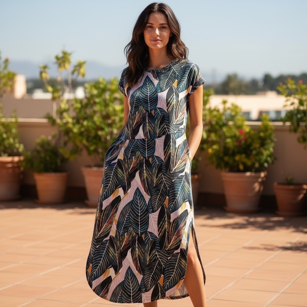 Tropical Leaf Print Maxi Dress